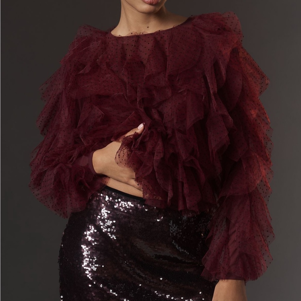 Anthropologie Burgundy Ruffled Blouse